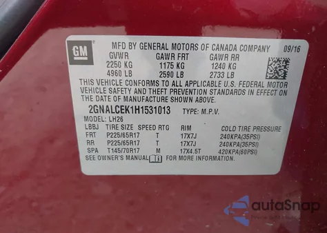 2017 Chevrolet Equinox Lt из США, поврежденный, VIN 2GNALCEK1H1531013